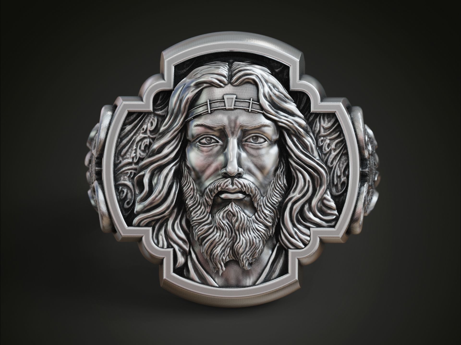 Jesus Christ face IHS monogram ring with floral scrolls  3D print model_3