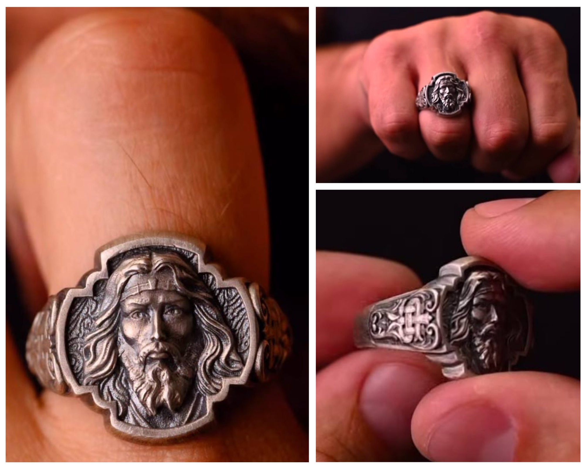 Jesus Christ face IHS monogram ring with floral scrolls  3D print model_17