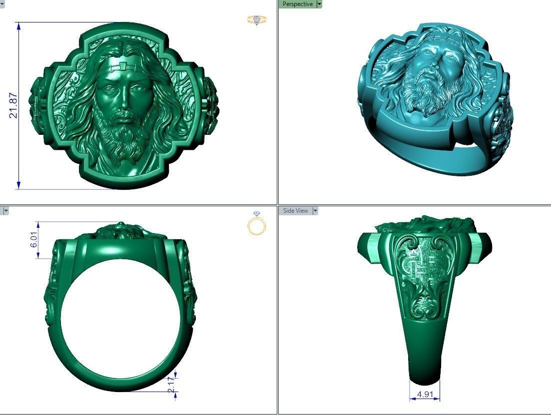 Jesus Christ face IHS monogram ring with floral scrolls  3D print model_15