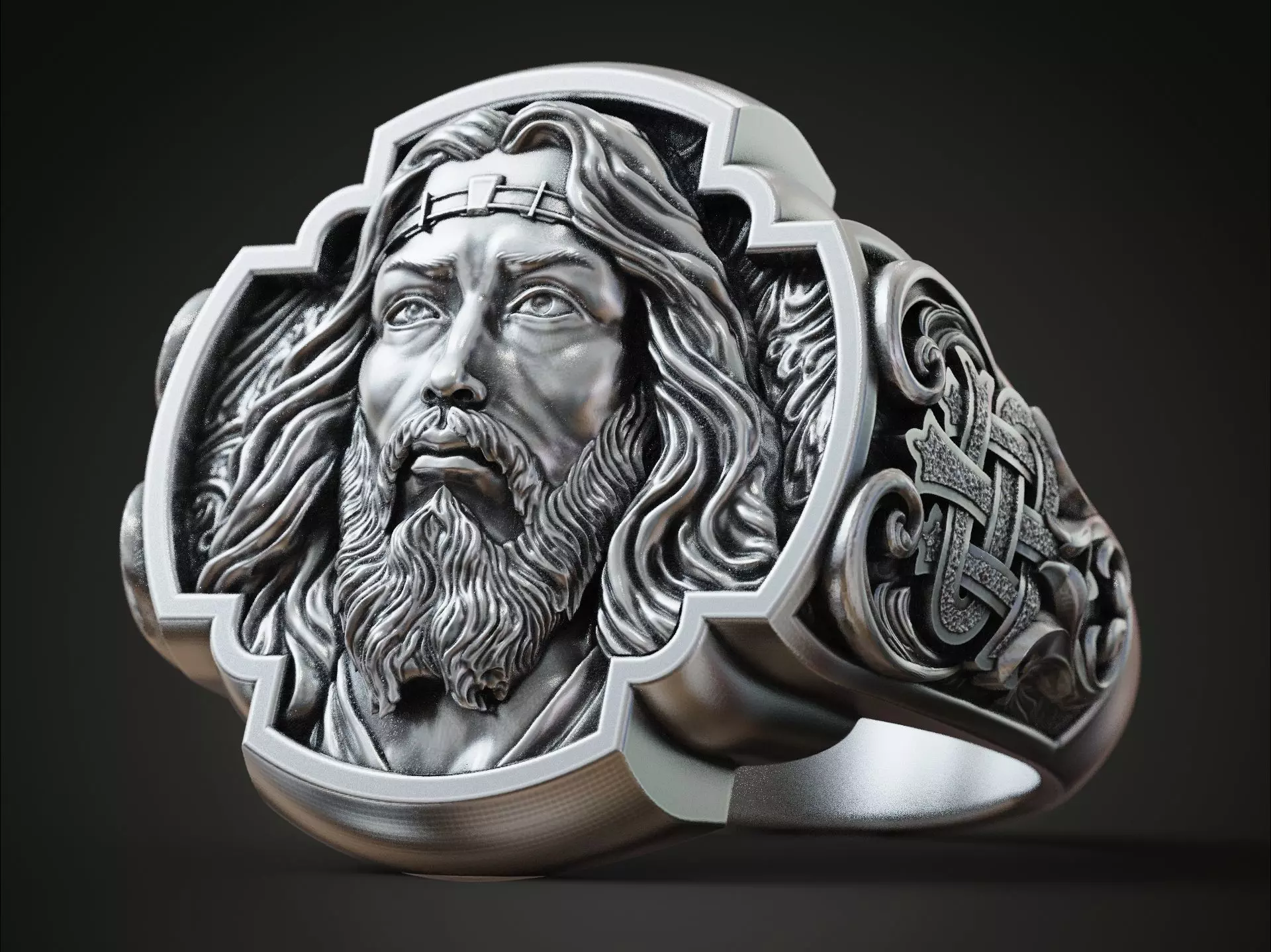 Jesus Christ face IHS monogram ring with floral scrolls  3D print model_0