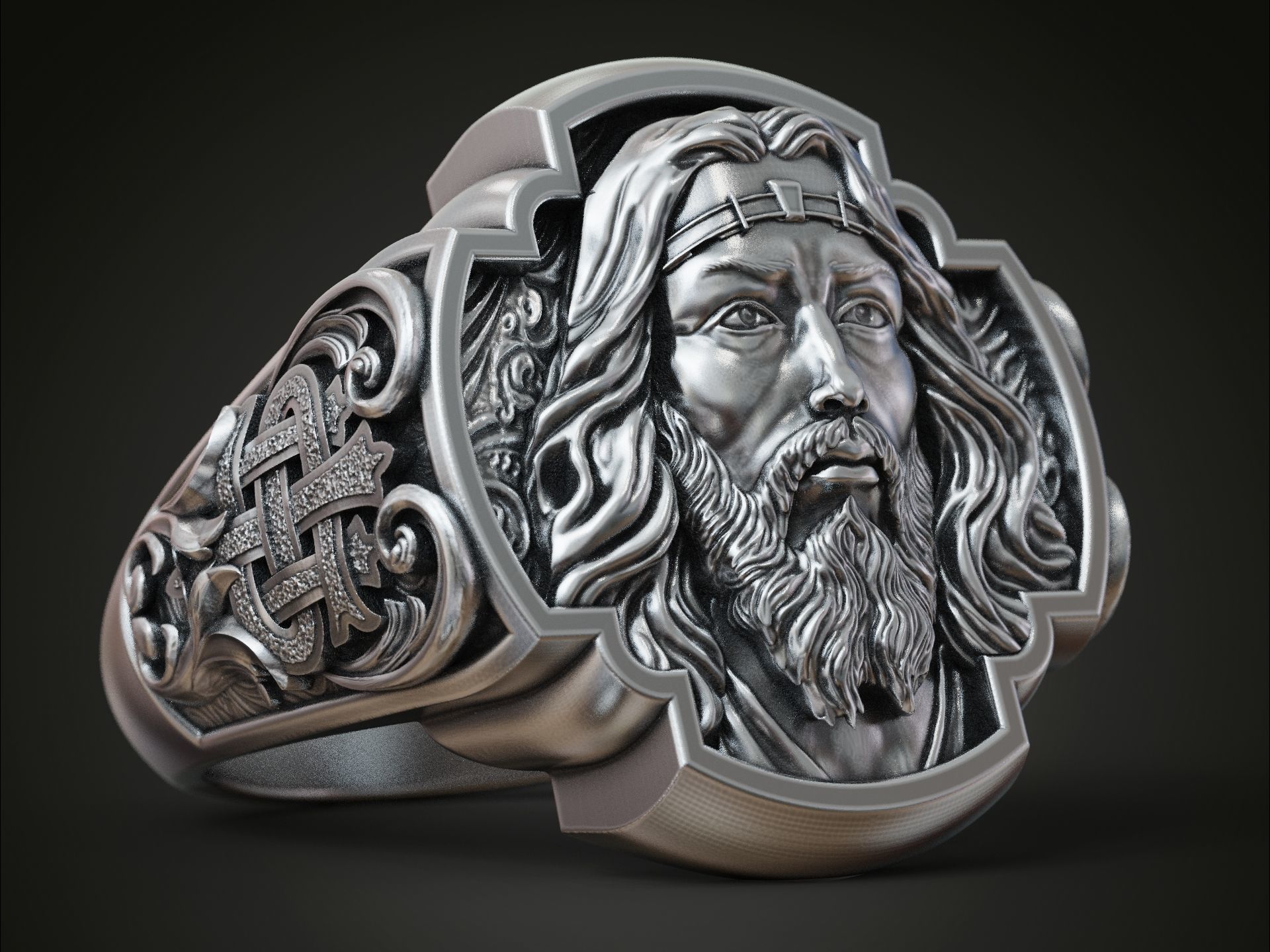 Jesus Christ face IHS monogram ring with floral scrolls  3D print model_1