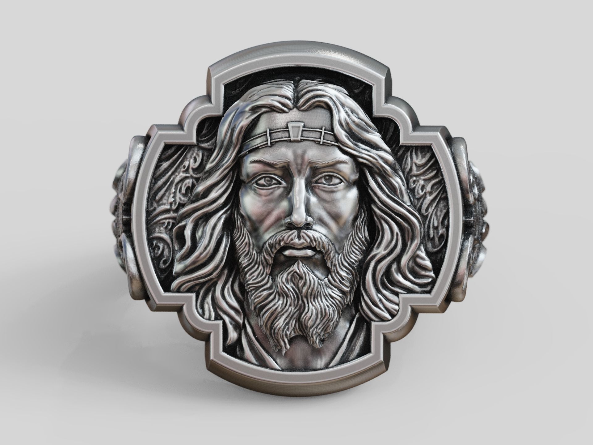 Jesus Christ face IHS monogram ring with floral scrolls  3D print model_6