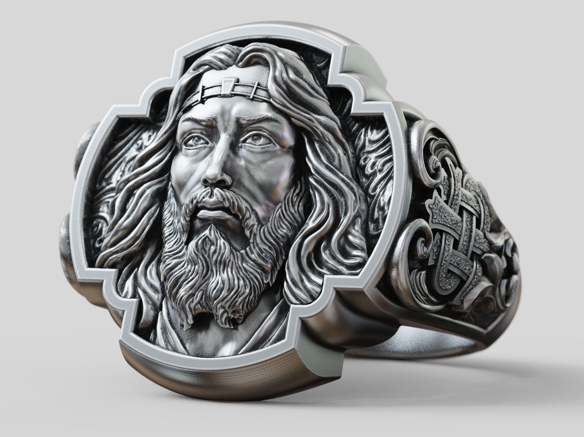 Jesus Christ face IHS monogram ring with floral scrolls  3D print model_5