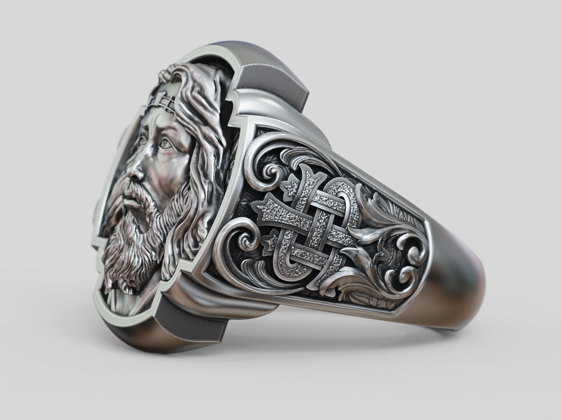 Jesus Christ face IHS monogram ring with floral scrolls  3D print model_7