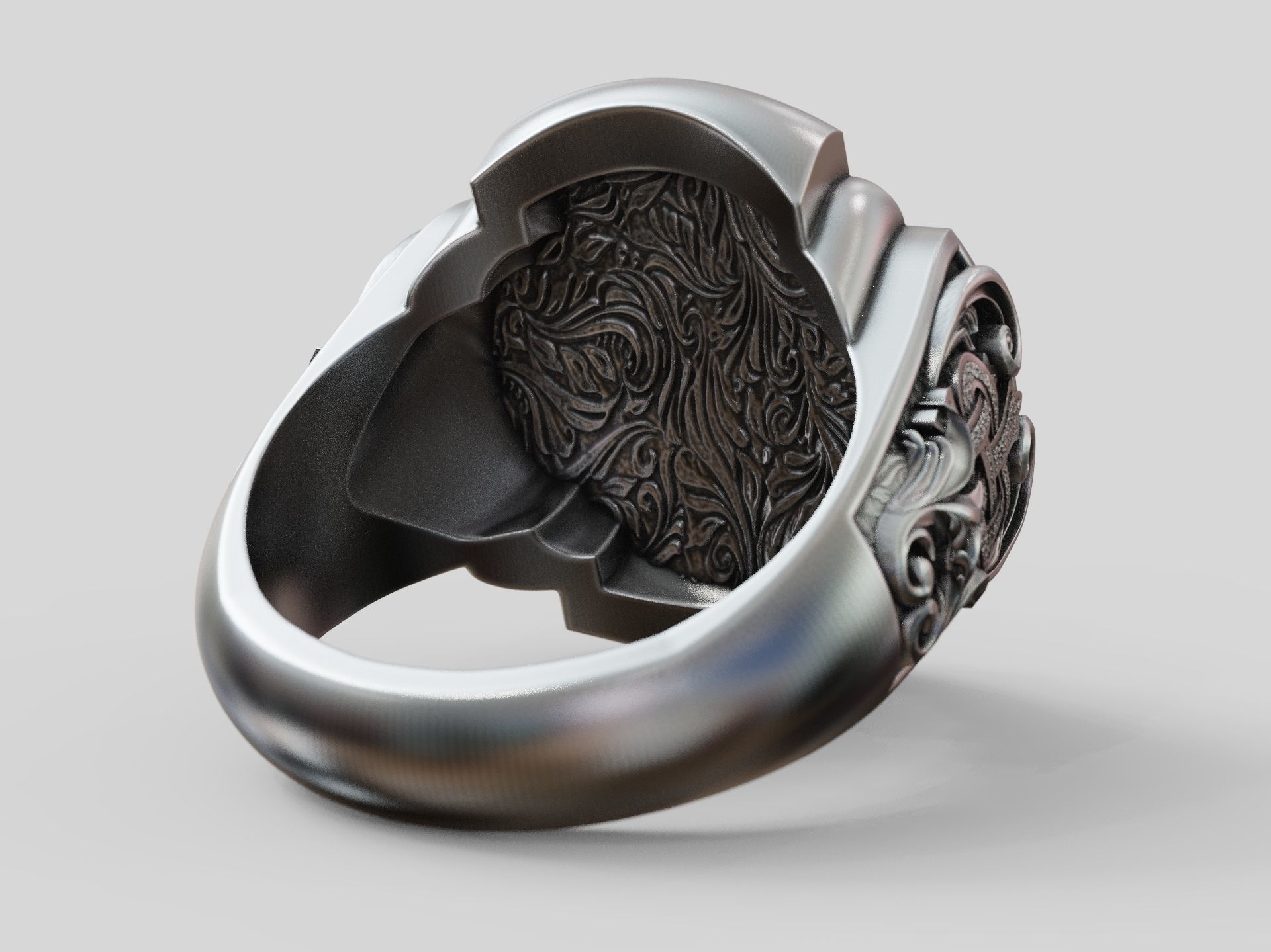 Jesus Christ face IHS monogram ring with floral scrolls  3D print model_10