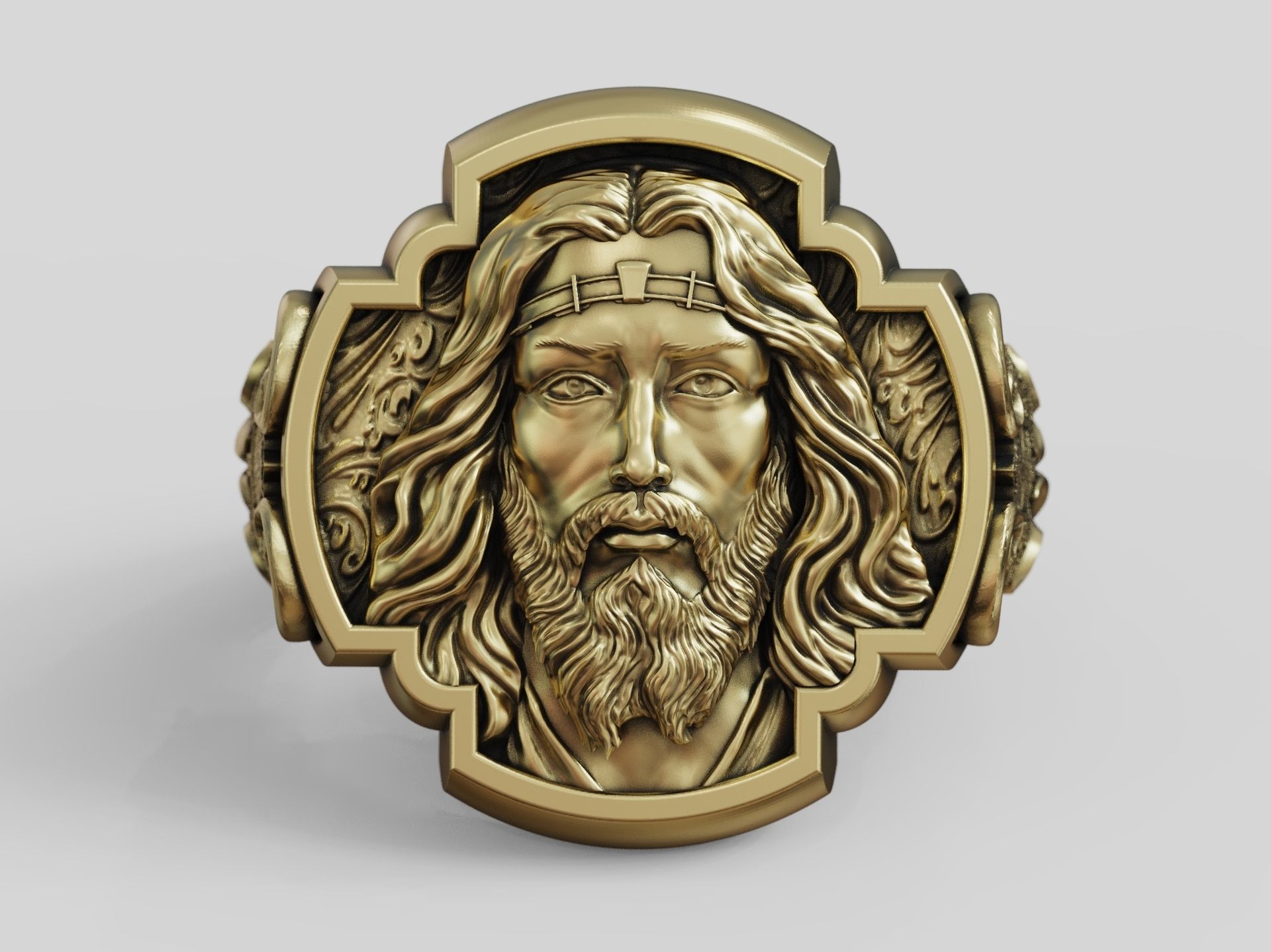 Jesus Christ face IHS monogram ring with floral scrolls  3D print model_8
