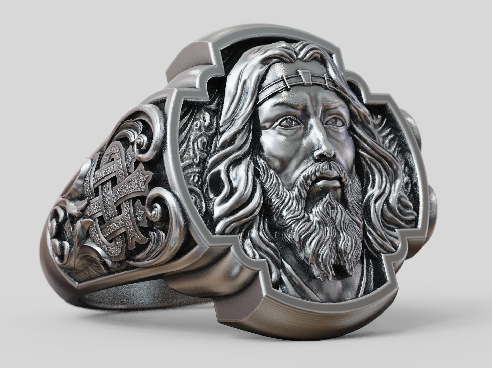 Jesus Christ face IHS monogram ring with floral scrolls  3D print model_4