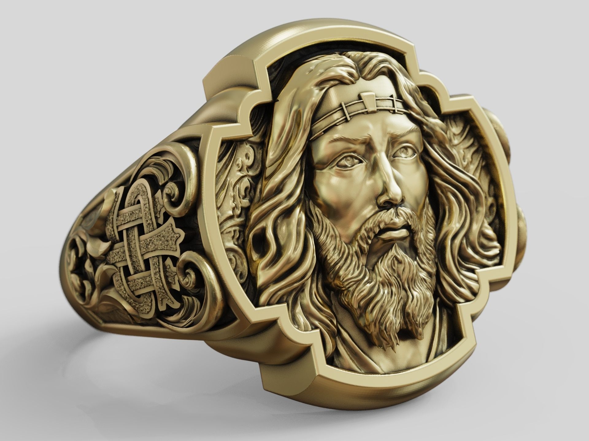 Jesus Christ face IHS monogram ring with floral scrolls  3D print model_9