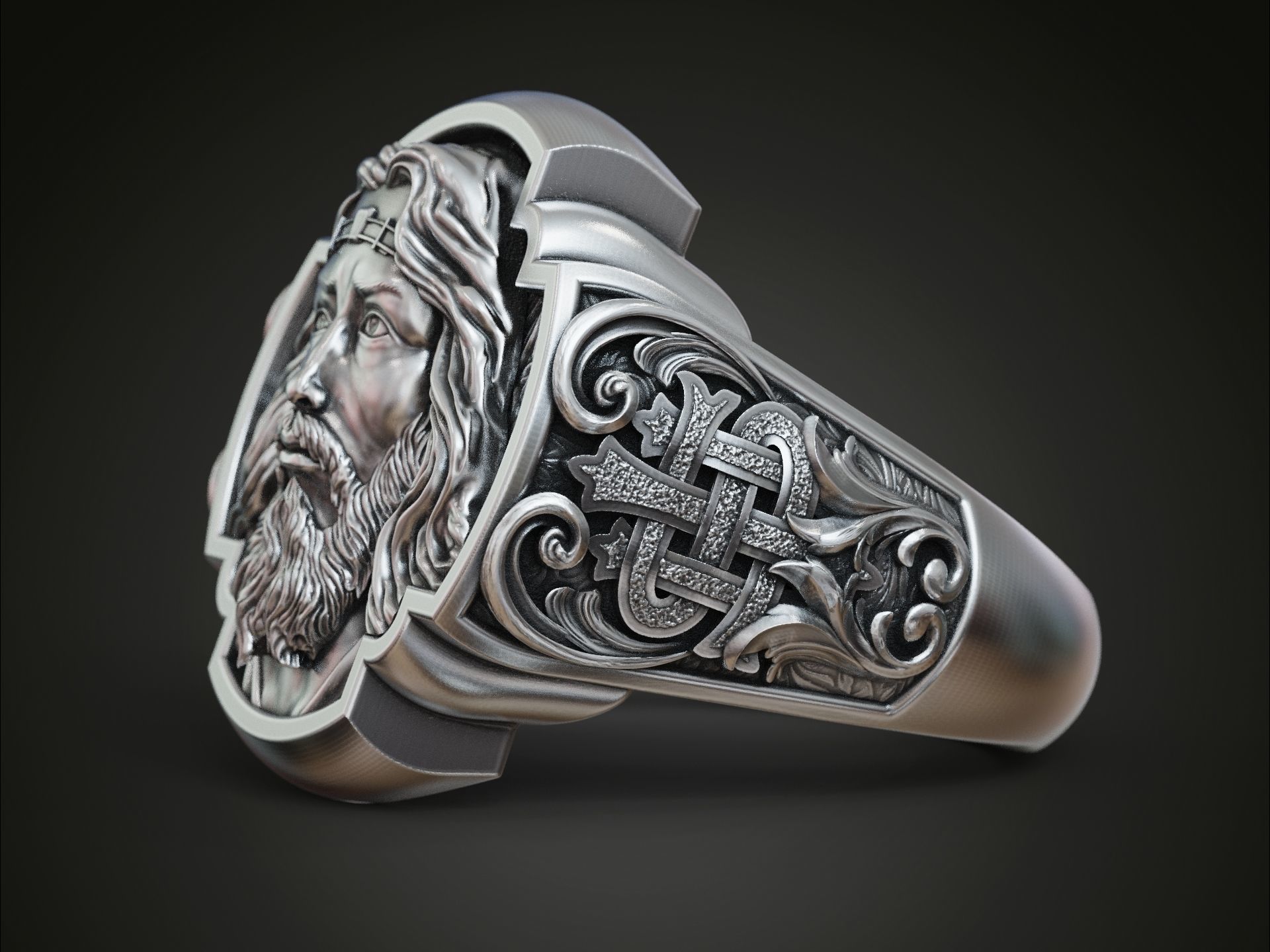 Jesus Christ face IHS monogram ring with floral scrolls  3D print model_2