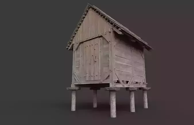 Enterable small medieval granary Low-poly 3D model