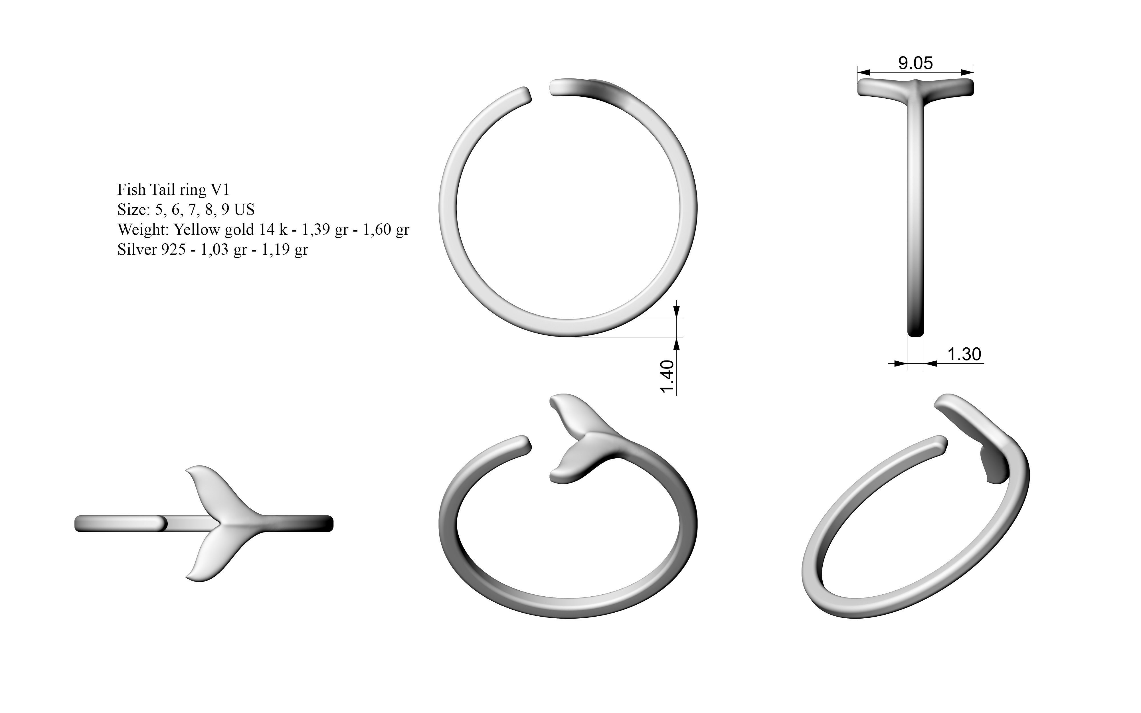 Fish Tail ring V1  5sizes 3D print model_1
