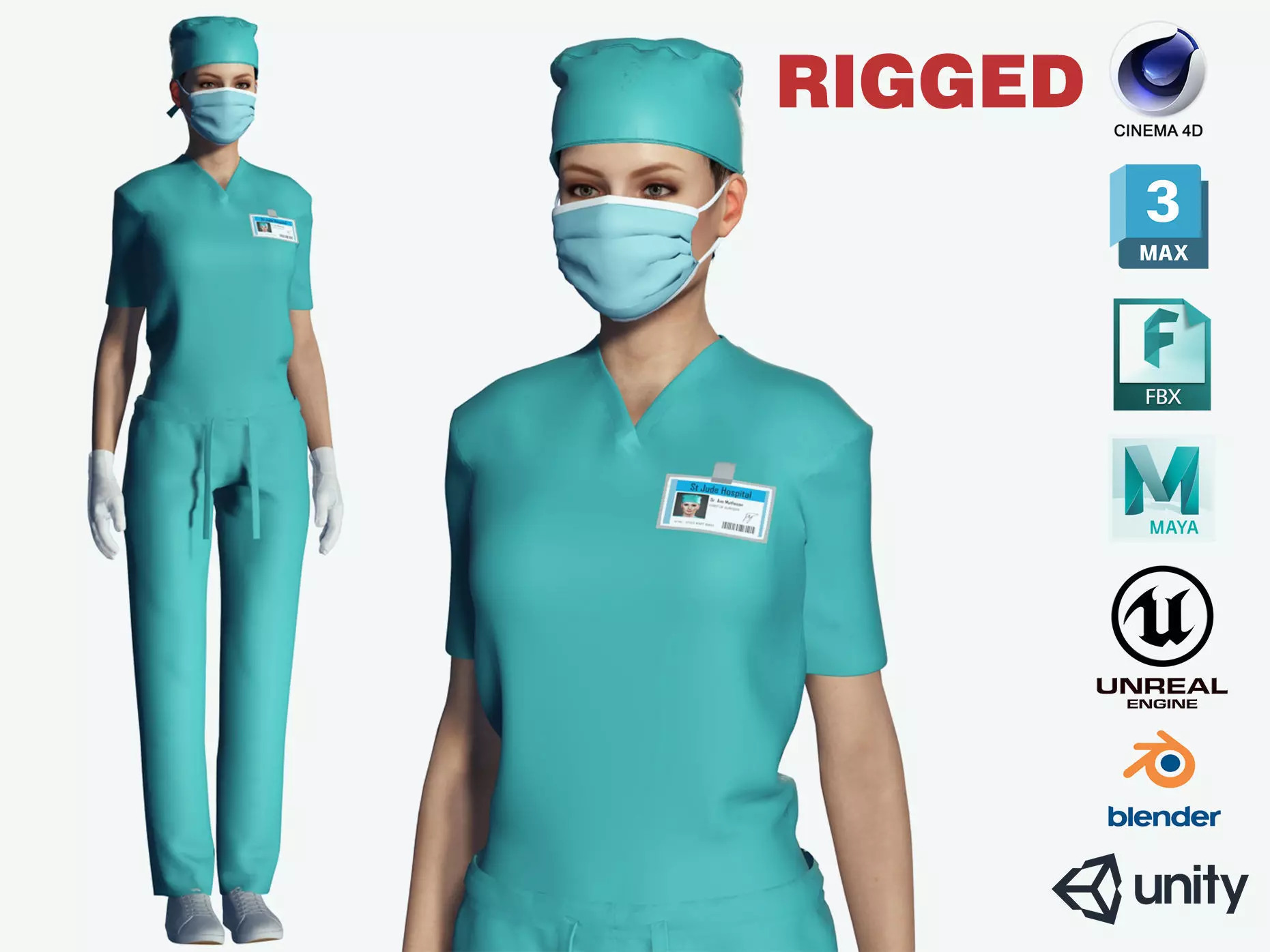 Female Surgeon Woman Nurse Rigged Doctor 3D Model Low-poly 3D model_0