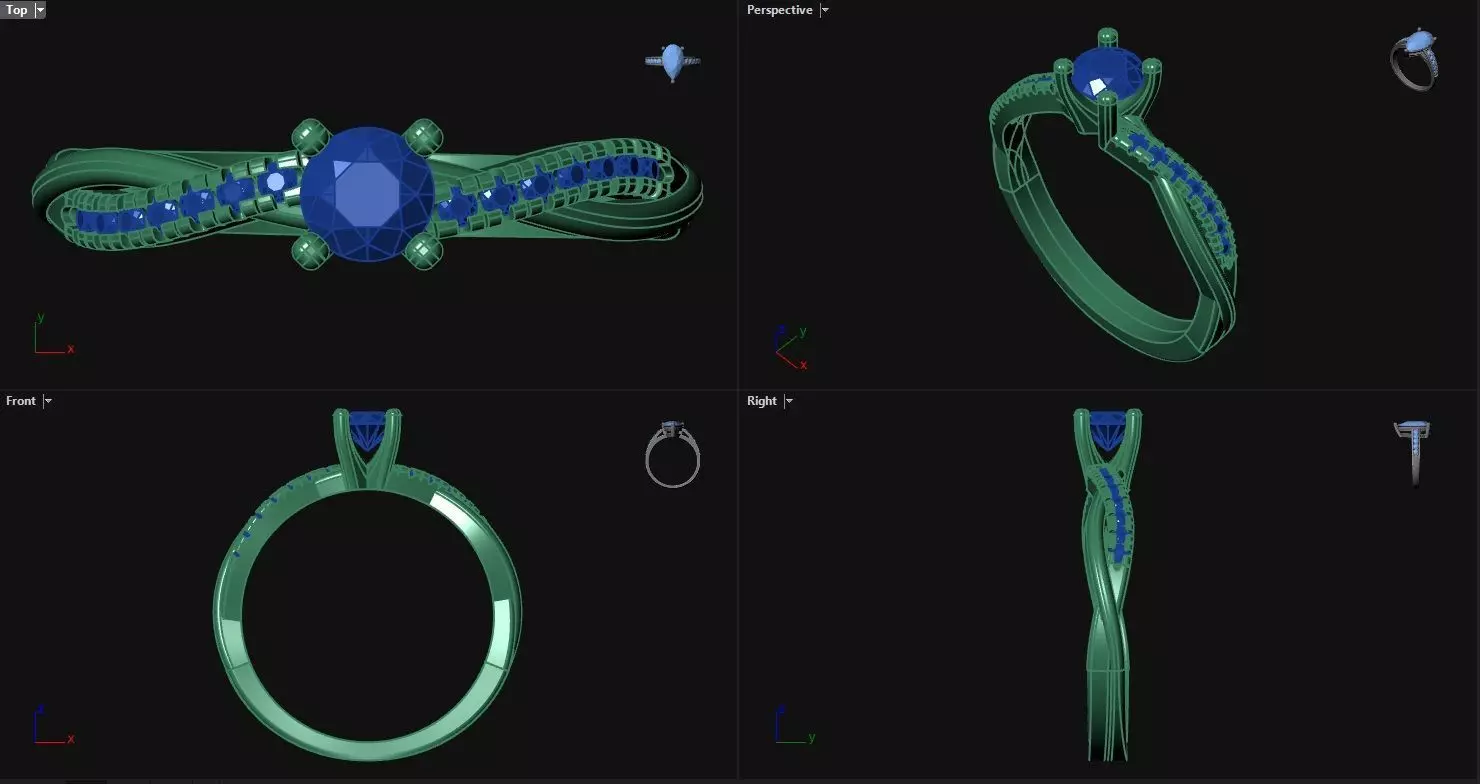 4 Prong Engagement Ring with sidestones  3D print model_0