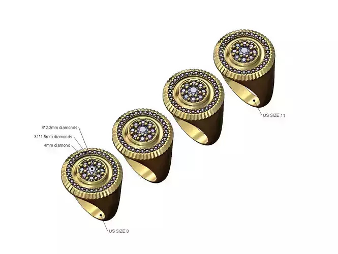 Fluted bezel round cluster diamond signet ring US sizes 8to11