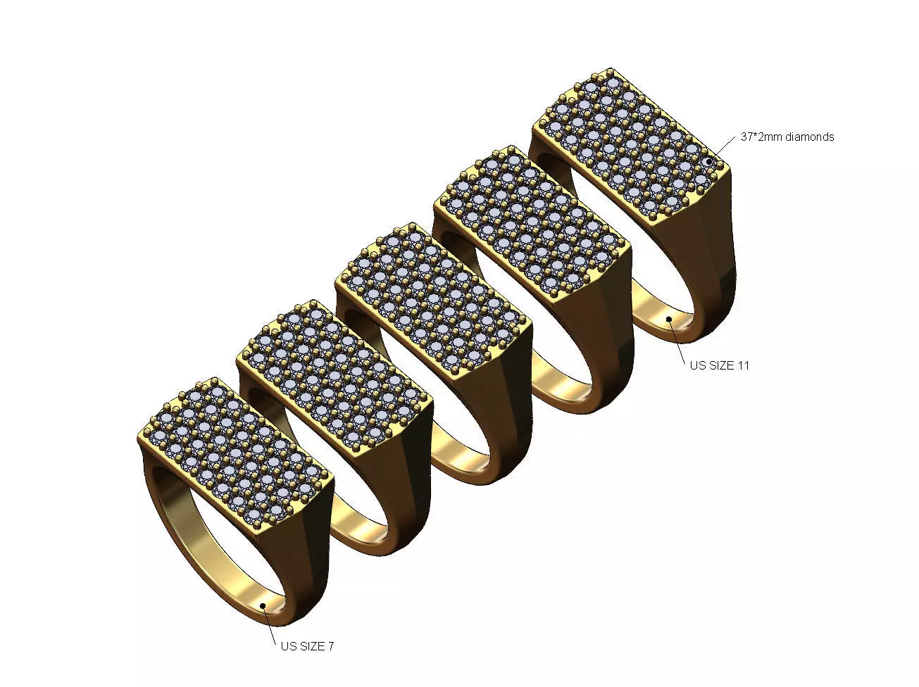 Iced diamond rectangular tapered shank ring US sizes 7to11 3D print model_0