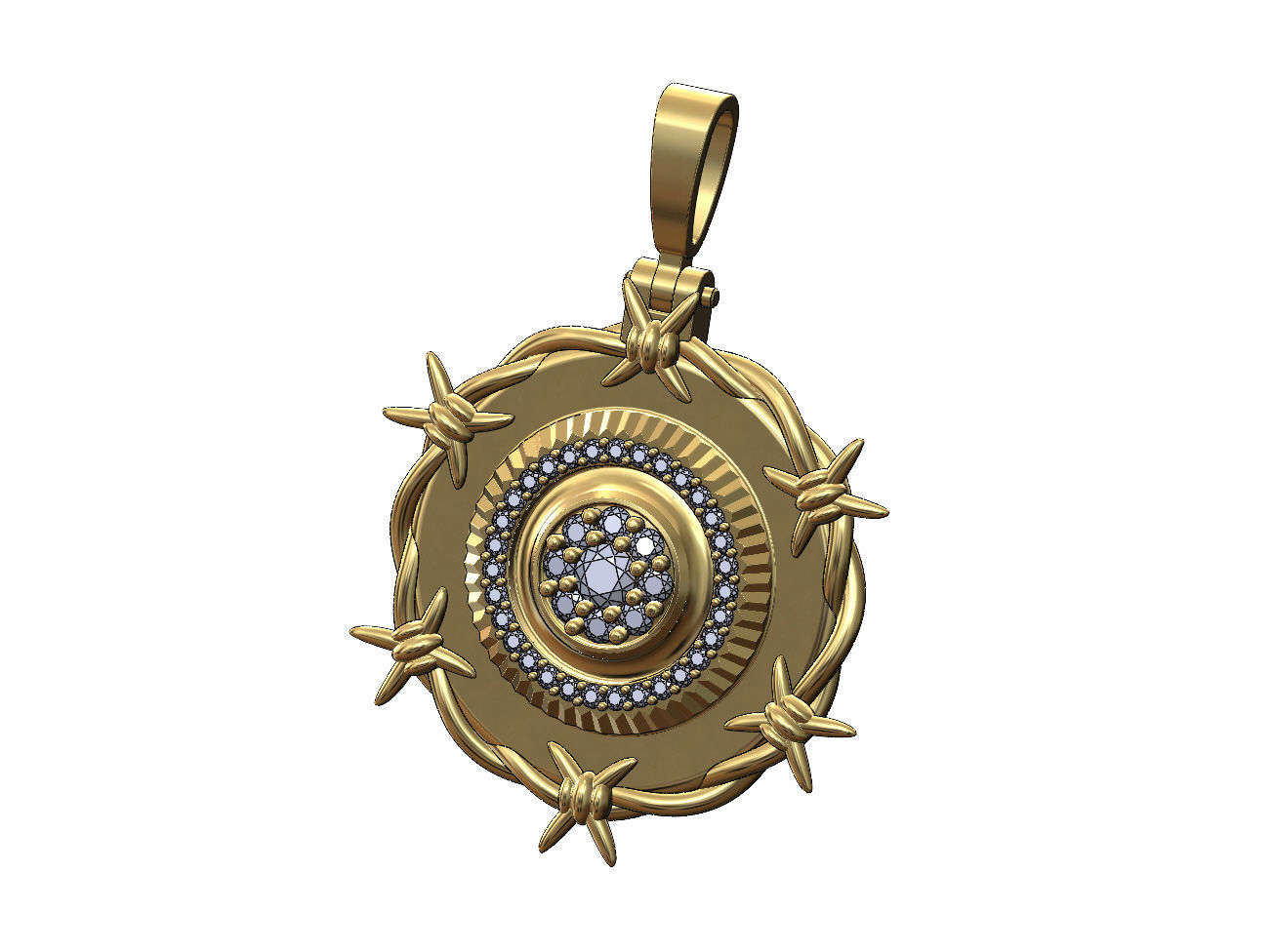 Diamond cluster fluted bezel barbwire thornes pendant 3D print model_1