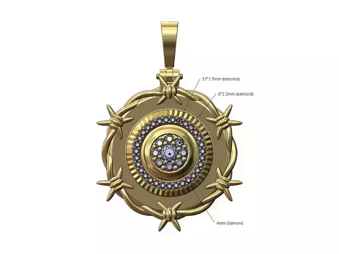 Diamond cluster fluted bezel barbwire thornes pendant 3D print model