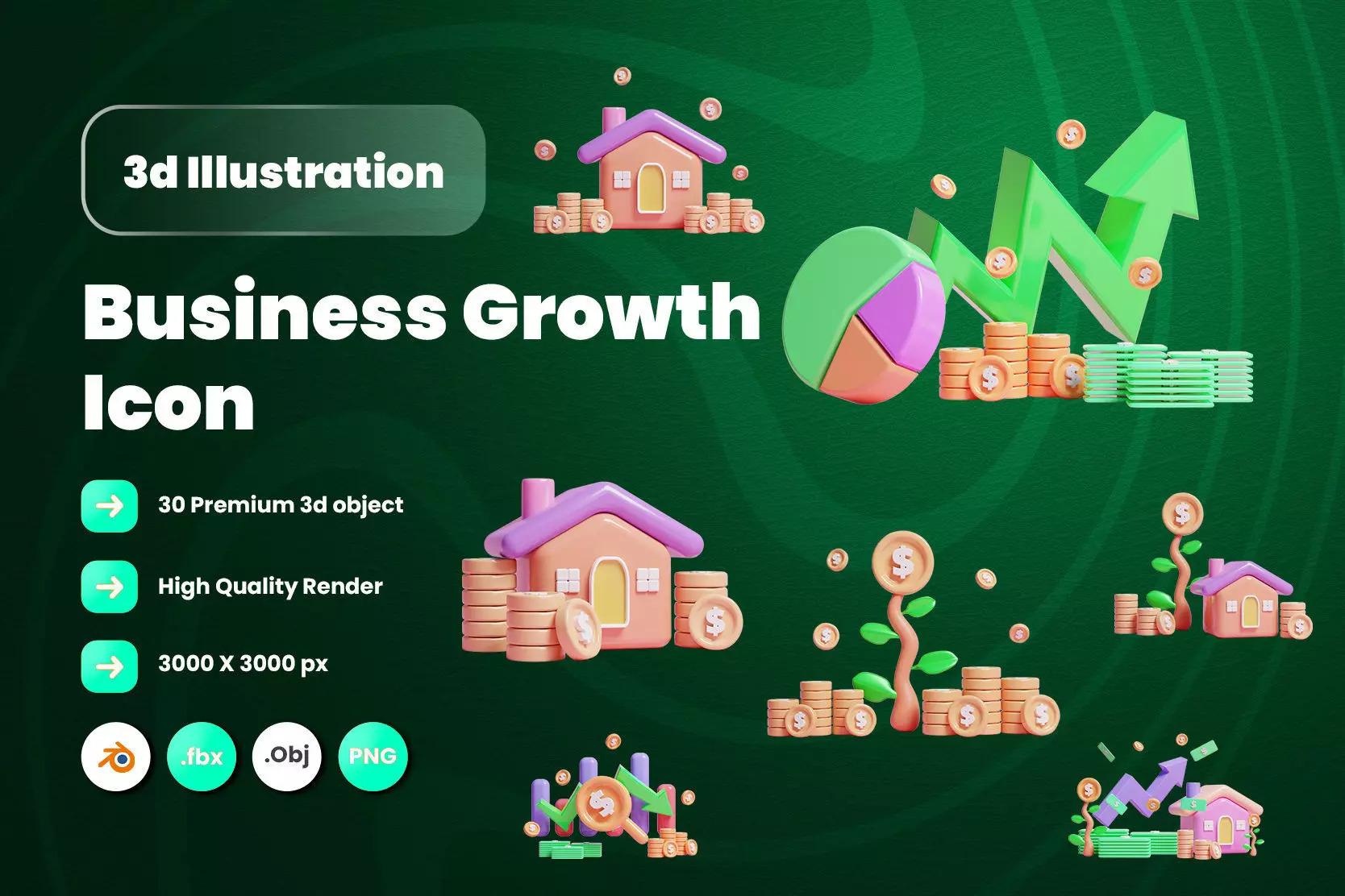Business Growth 3d Illustration Icon Pack 3D model_0
