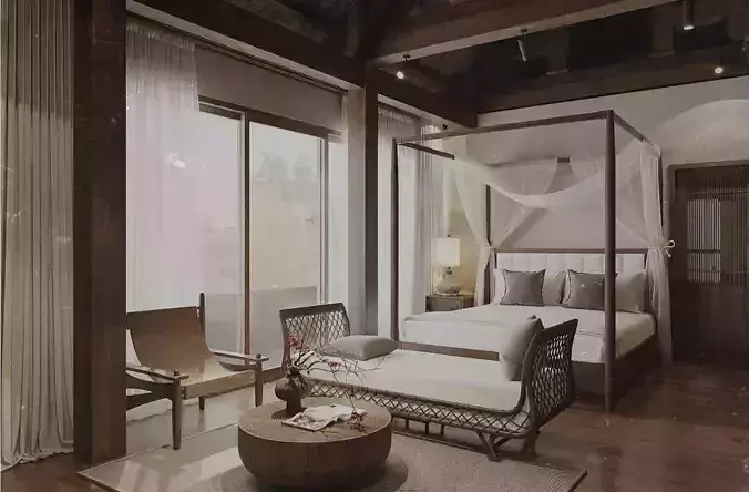 Luxury Vintage Hotel Bedroom interior design  Low-poly 3D model