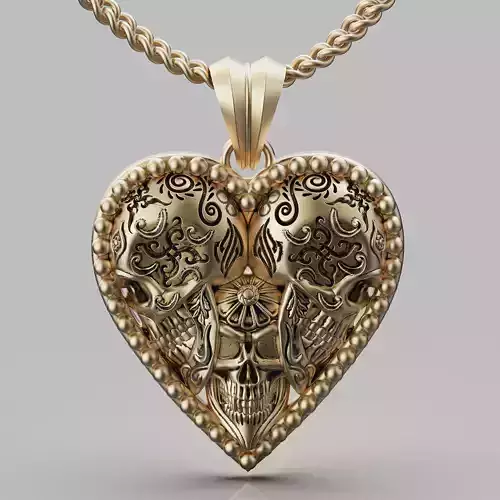 Skull heart pendant silver gold printable jewelry 3D model