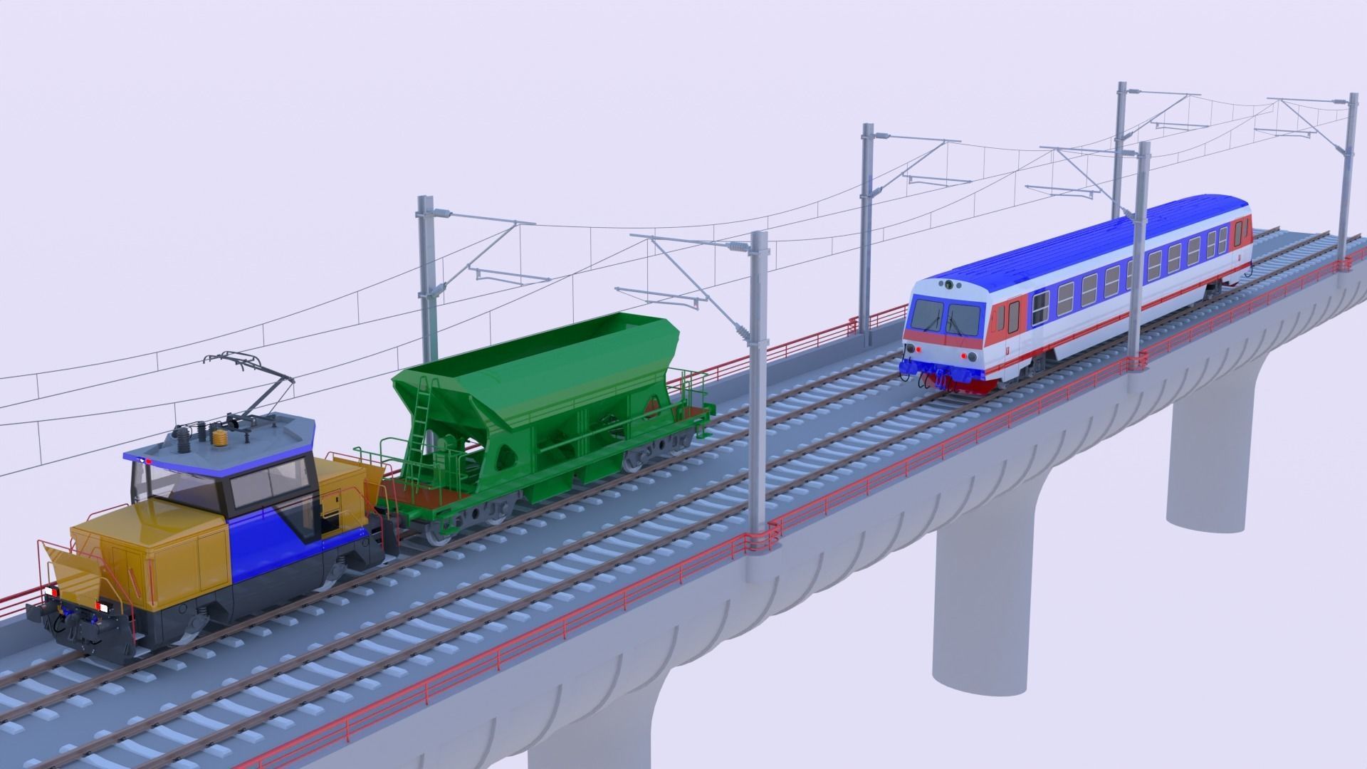 Bridge with passenger and cargo trains II 3D model_10