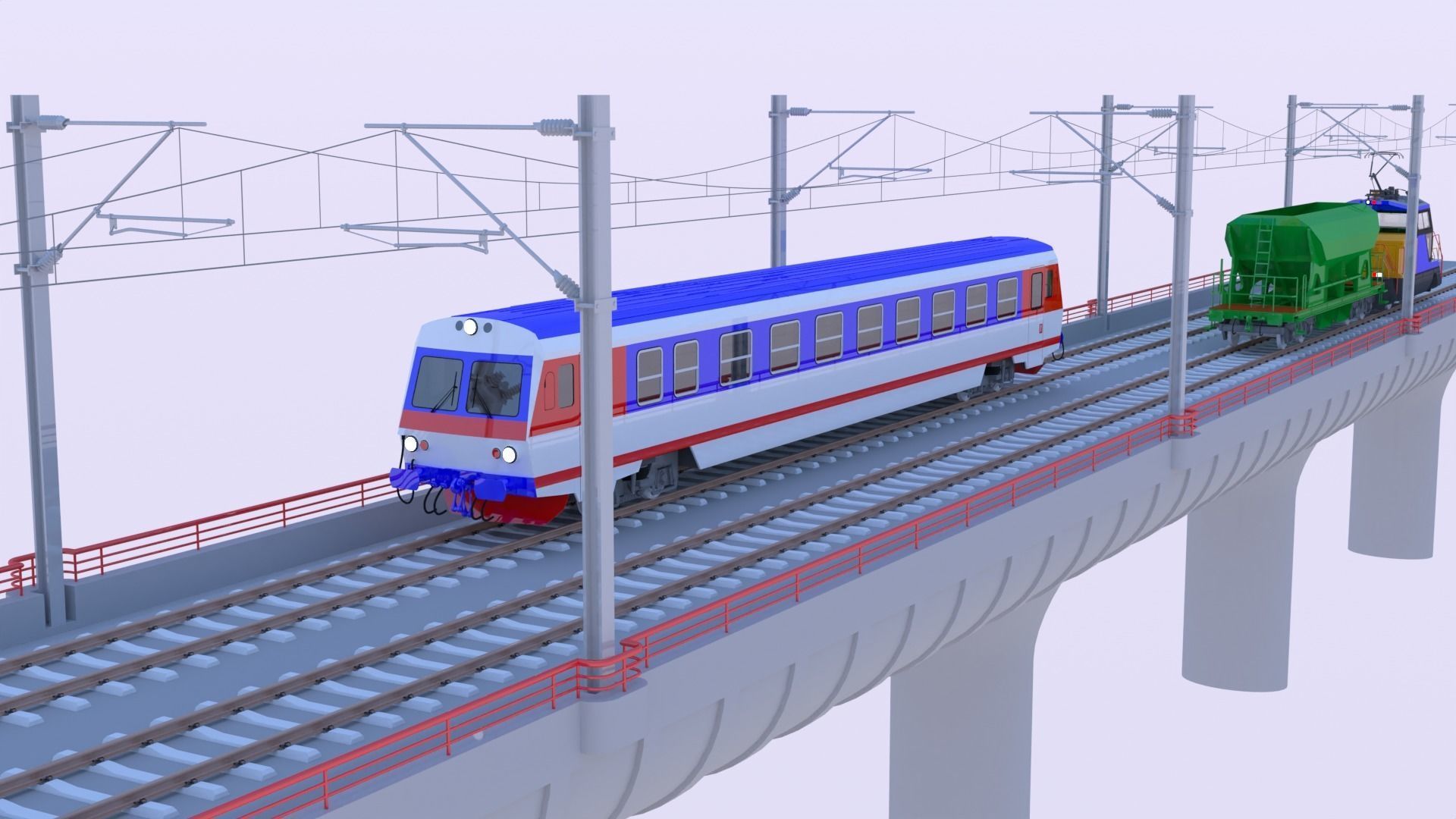 Bridge with passenger and cargo trains II 3D model_2
