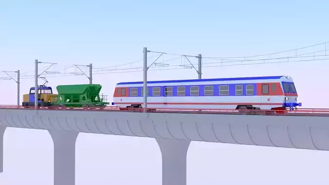 Bridge with passenger and cargo trains II 3D model