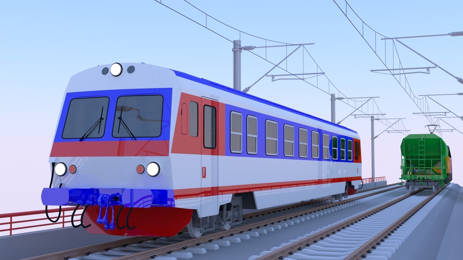 Bridge with passenger and cargo trains II 3D model_4