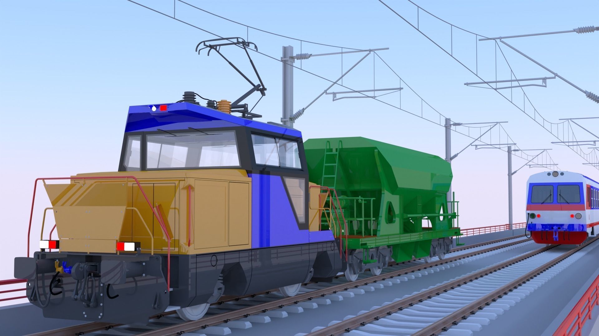 Bridge with passenger and cargo trains II 3D model_6