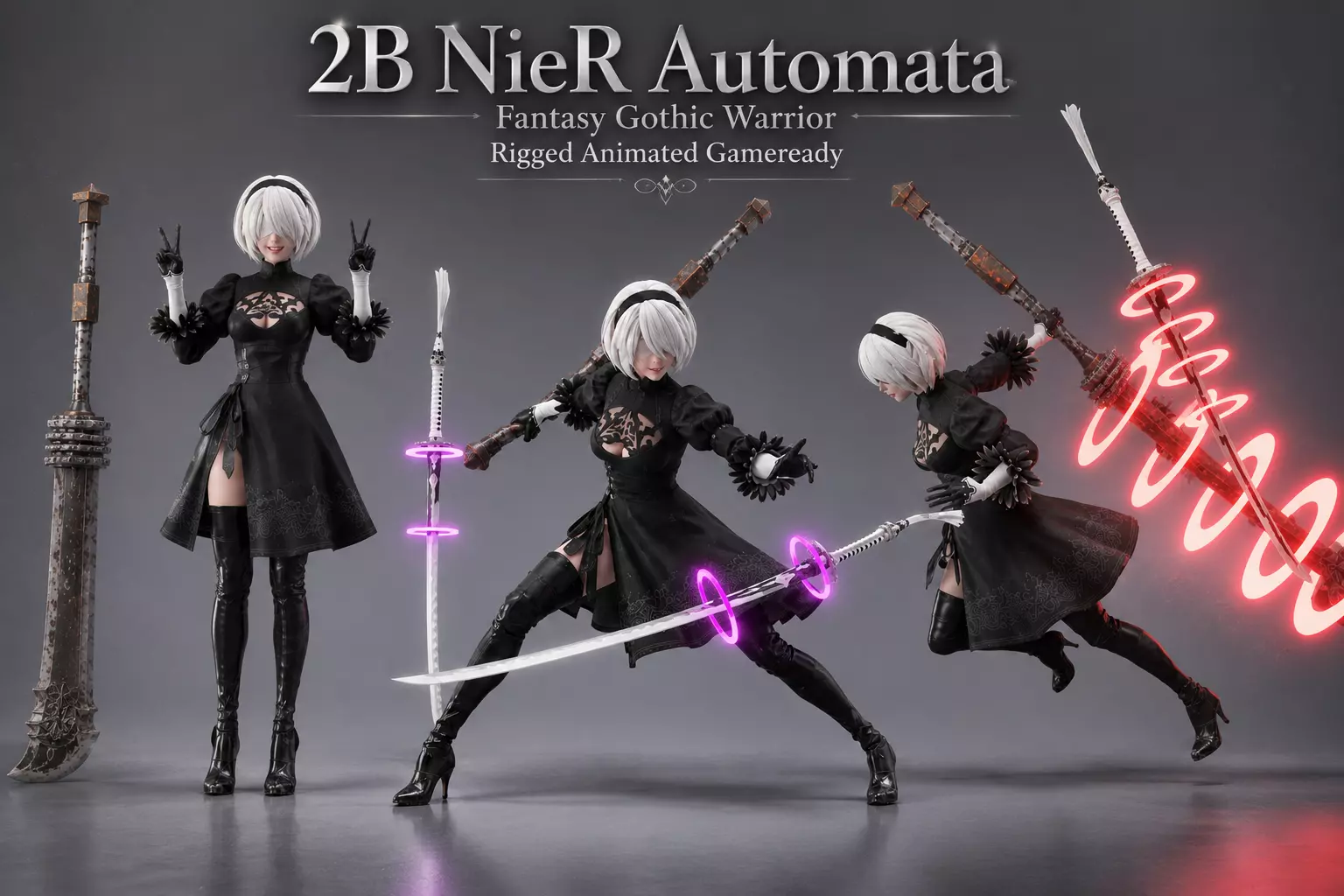 2B NieR Automata Fantasy Rigged Anime Gameready Gothic Warrior Low-poly 3D model