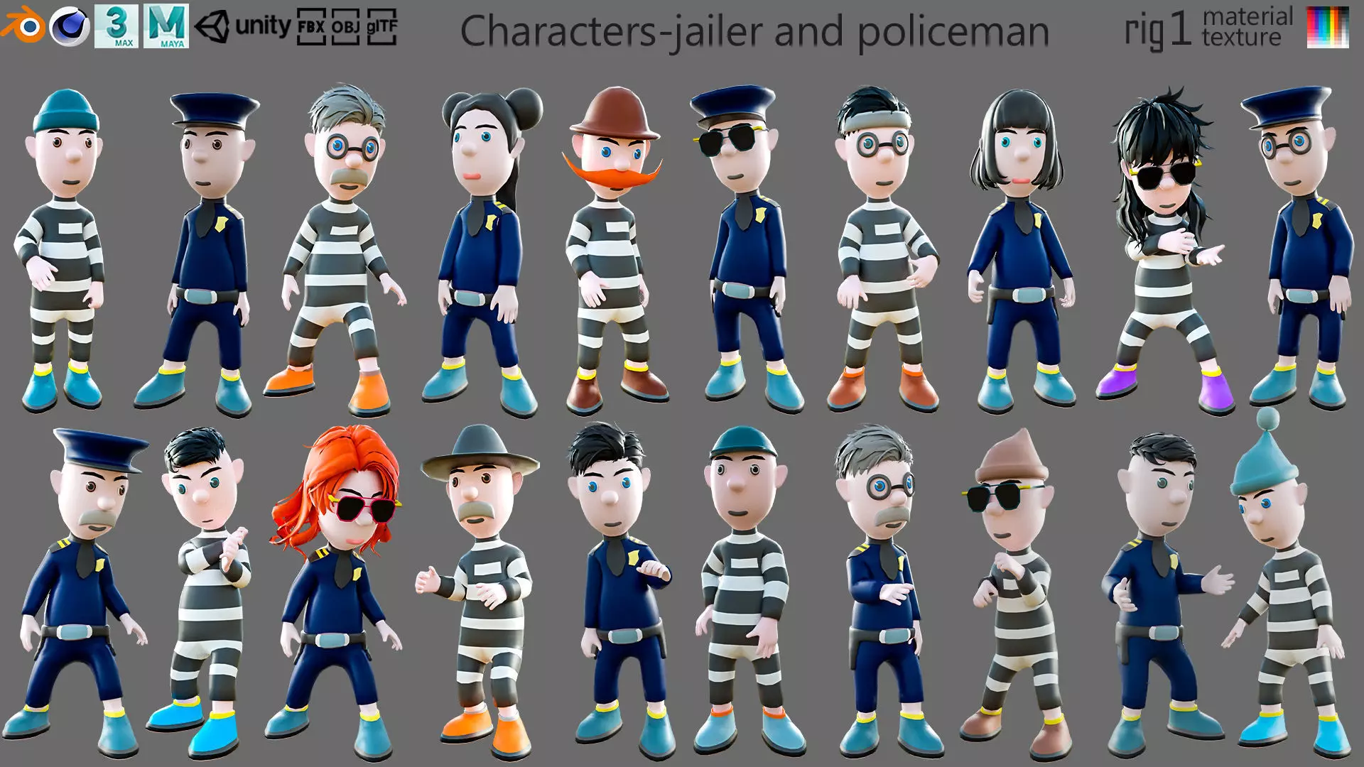 Cartoon characters-jailer and policeman Low-poly 3D model_0