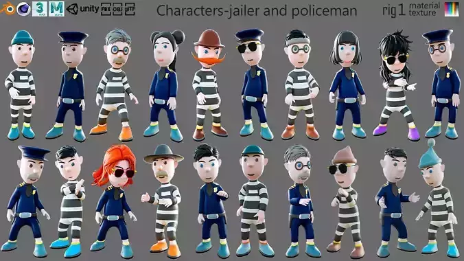 Cartoon characters-jailer and policeman Low-poly 3D model
