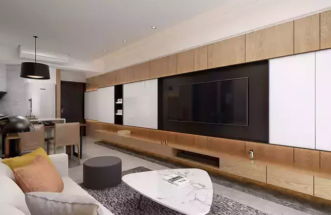 A wooden style living room