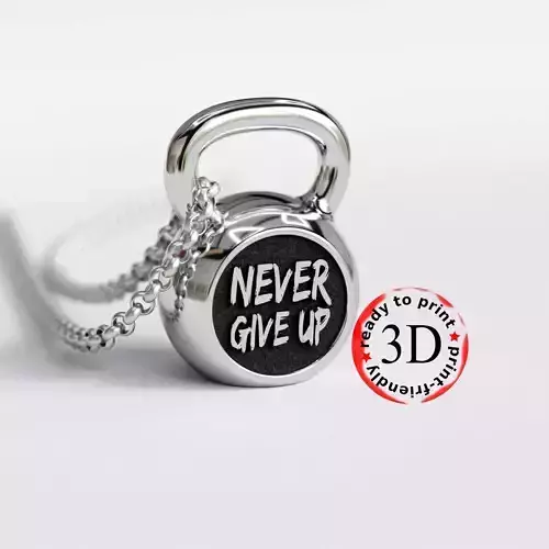 kettle bell pendant with the inscription never give up