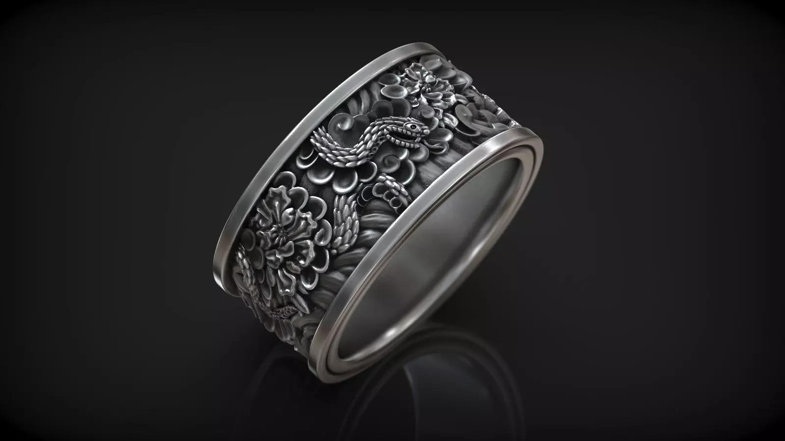 Japanese Snake and Flower Traditional Tattoo Style Ring 3D print model