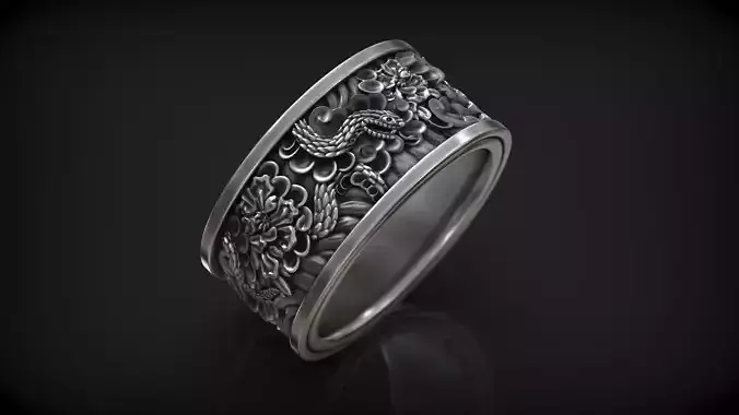 Japanese Snake and Flower Traditional Tattoo Style Ring