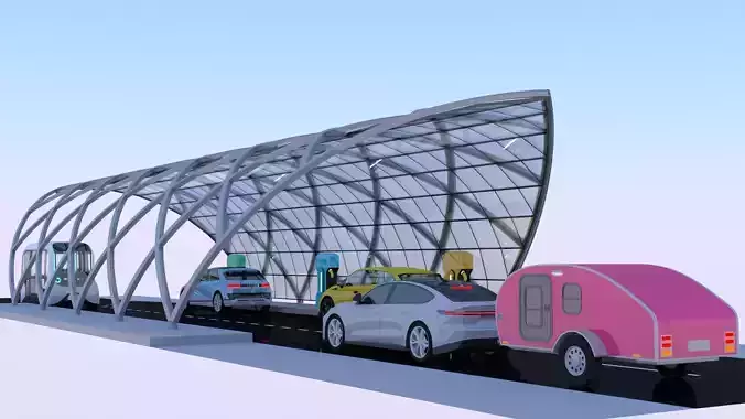 Charging station with cars and minibus II 3D model