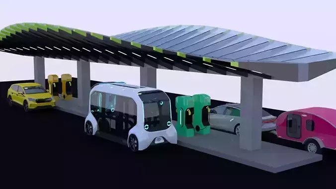 Charging station with cars and minibus 3D model