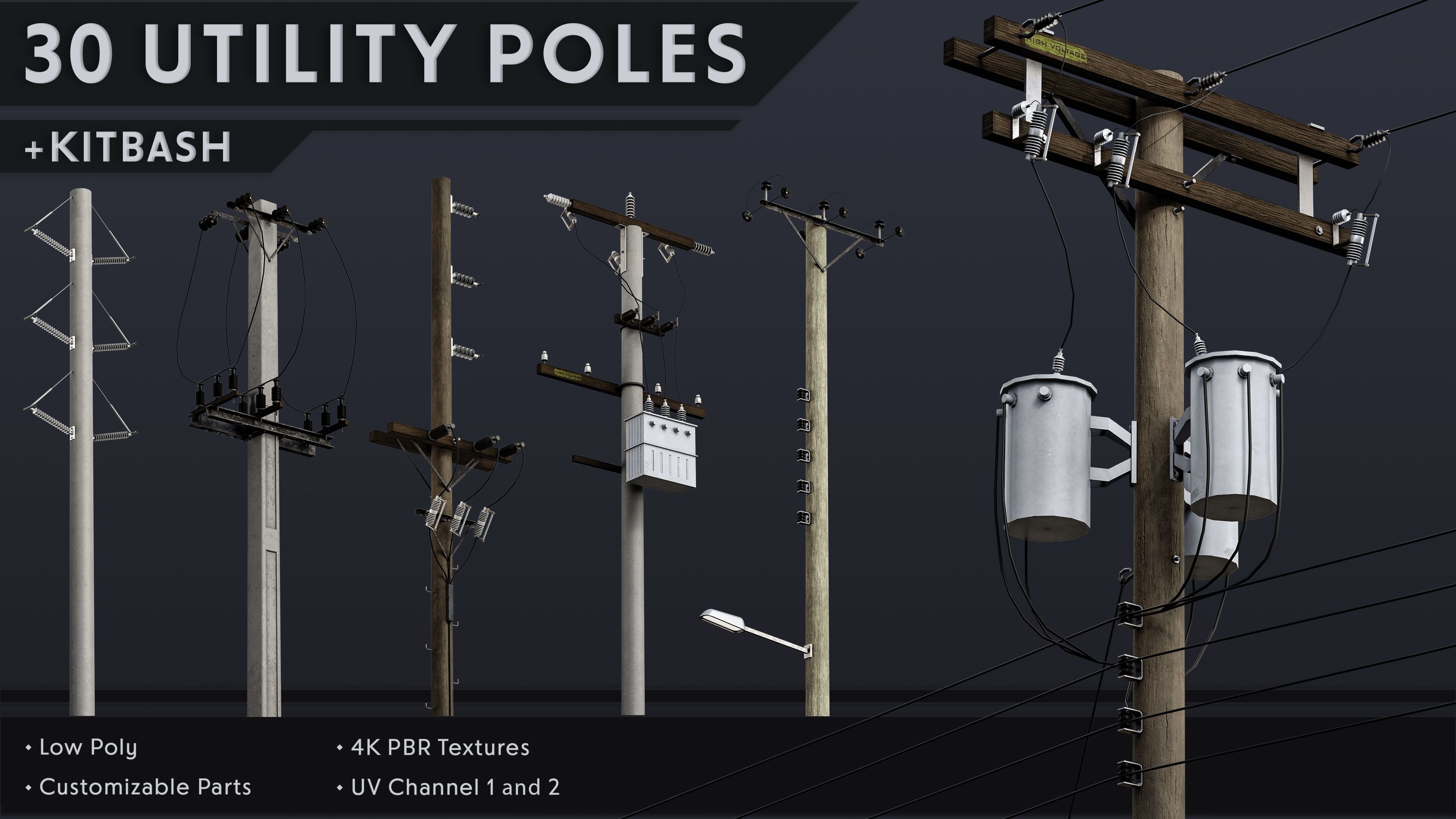 3D model 30 Low Poly Utility Poles - Kitbash VR / AR / low-poly | CGTrader
