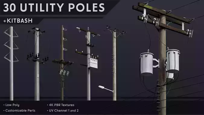 30  Low Poly Utility Poles - Kitbash  Low-poly 3D model