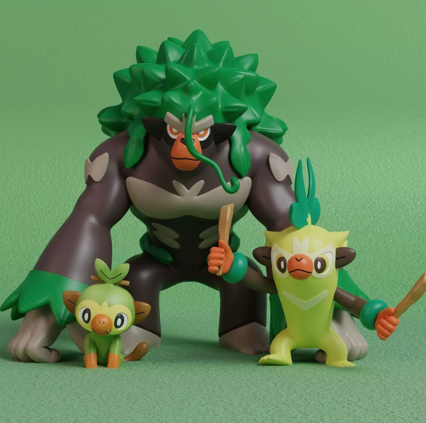 Pokemon - Grookey Thwackey and Rillaboom with 2 poses 3D print model