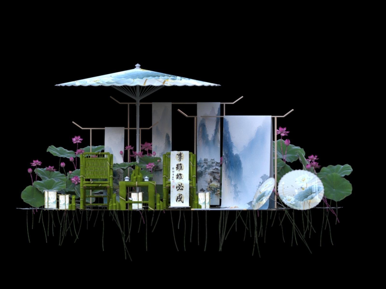 Chinese Style Beauty Chen Lotus Calligraphy Umbrella  3D model_3