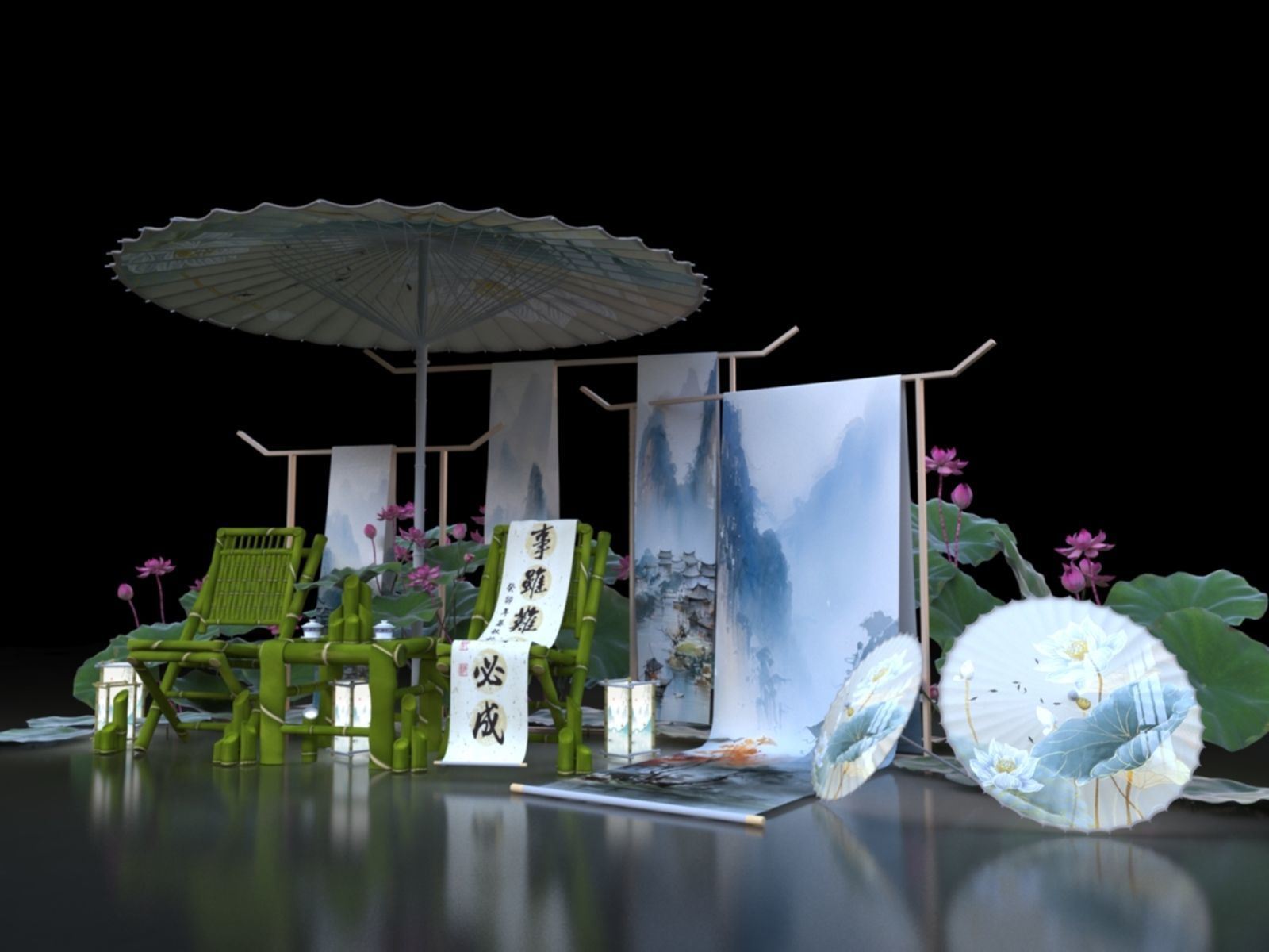 Chinese Style Beauty Chen Lotus Calligraphy Umbrella  3D model_2