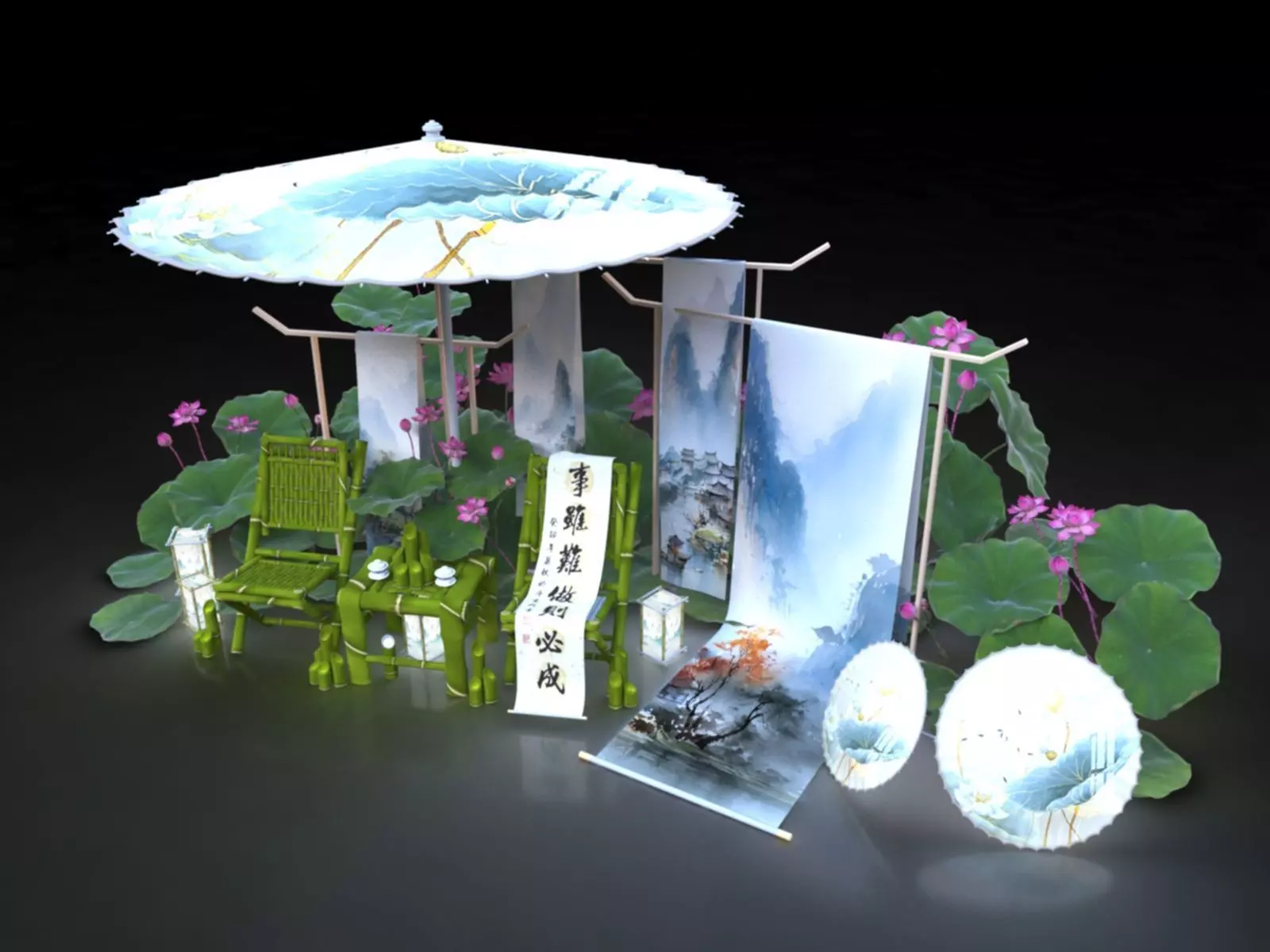 Chinese Style Beauty Chen Lotus Calligraphy Umbrella  3D model_0