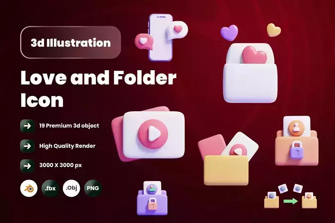 Love and Folder 3d Illustration  Icon Pack