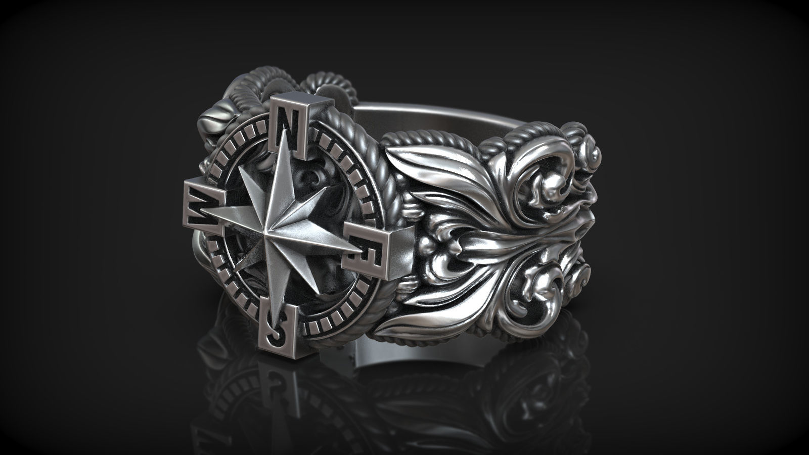 Windrose Star Compass Nautical Map Pattern Ring 3D print model_2