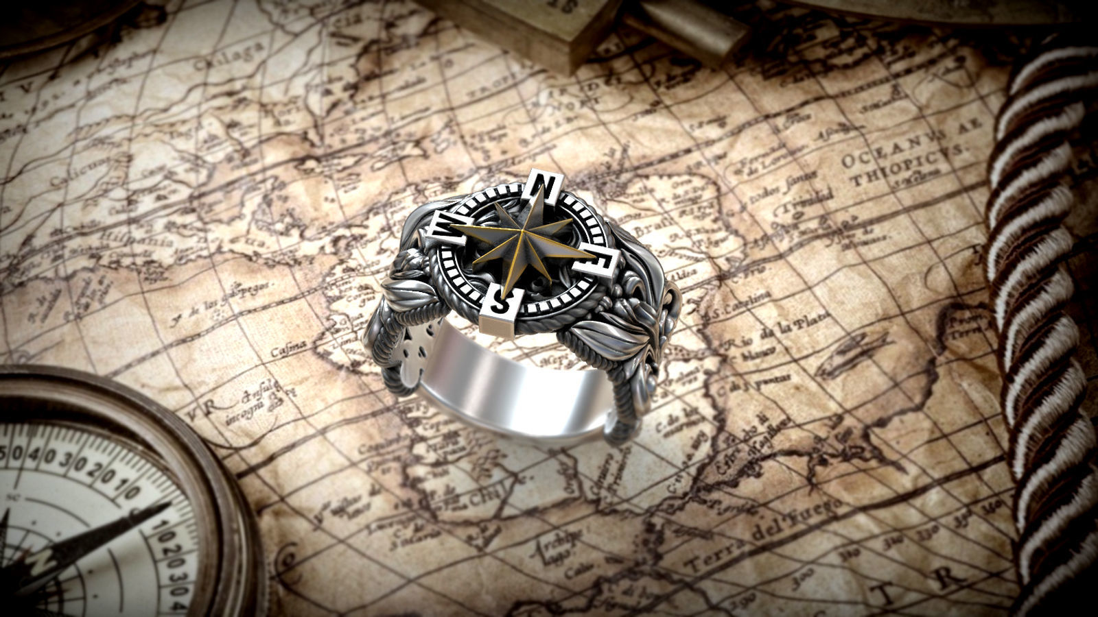 Windrose Star Compass Nautical Map Pattern Ring 3D print model_5