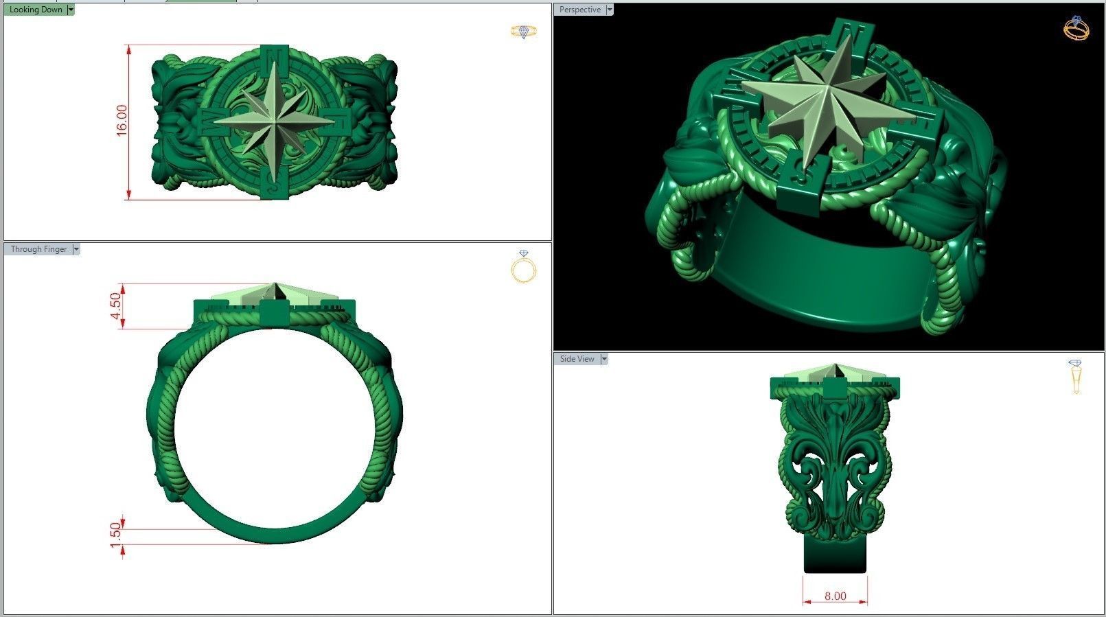 Windrose Star Compass Nautical Map Pattern Ring 3D print model_6