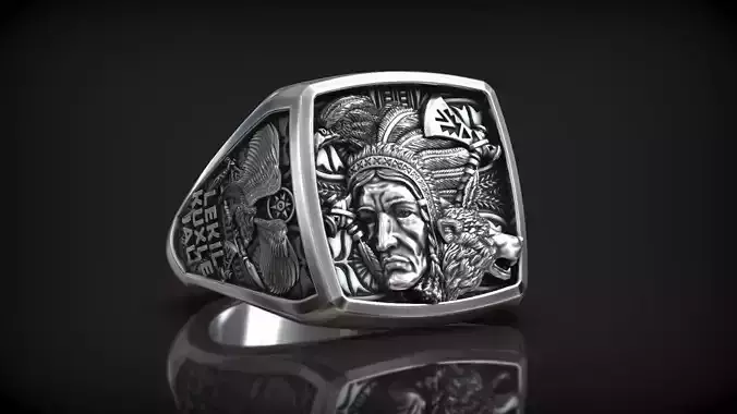 Native American Warrior with Wolf and Eagle Men Signet
