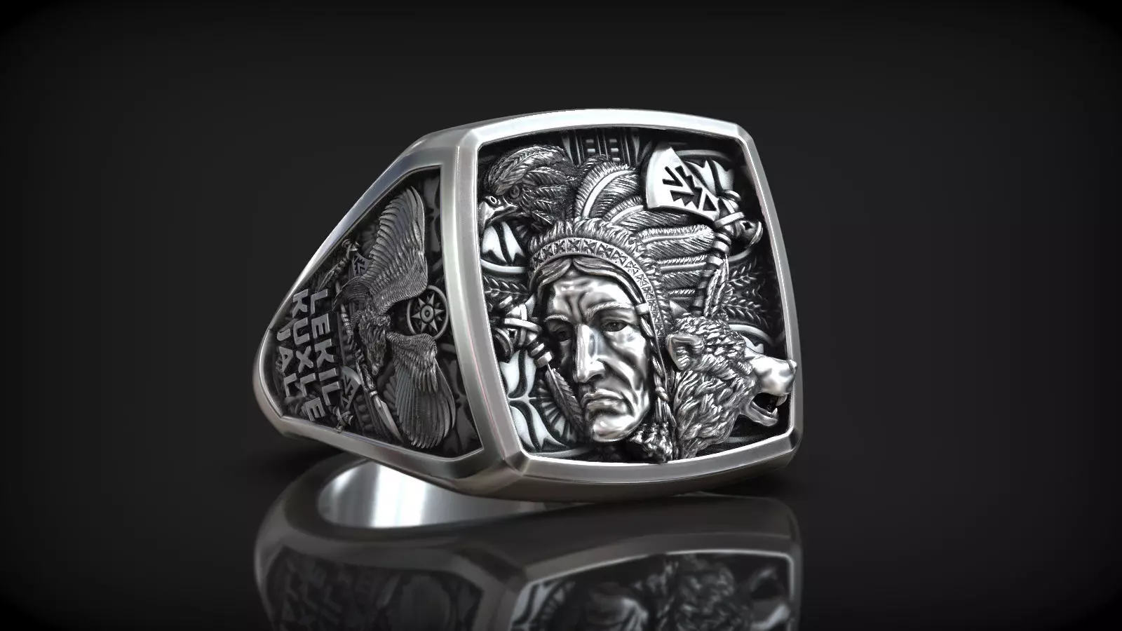 Native American Warrior with Wolf and Eagle Men Signet 3D print model